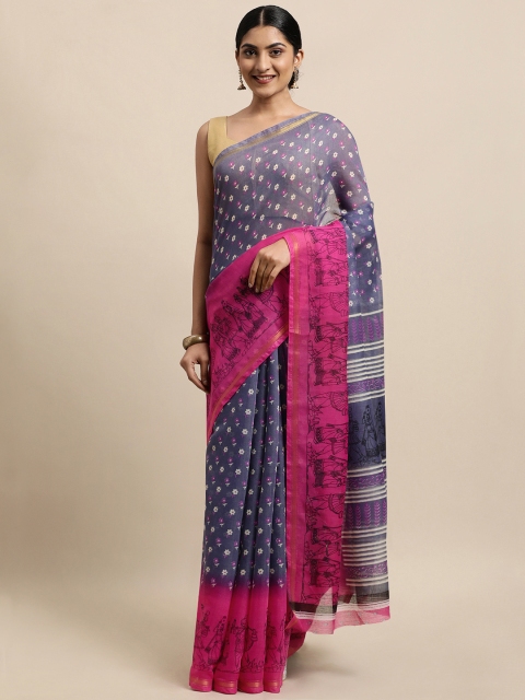 

KALINI Grey & Pink Floral Jute Cotton Arani Saree