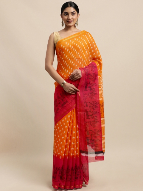 

KALINI Orange & Red Ethnic Motifs Jute Cotton Arani Saree