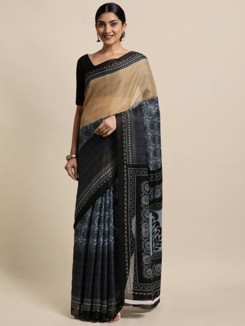 

KALINI Navy Blue & Beige Ethnic Motifs Mangalagiri Saree