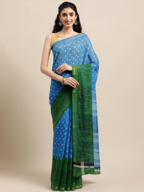 

KALINI Blue & Green Floral Jute Cotton Arani Saree