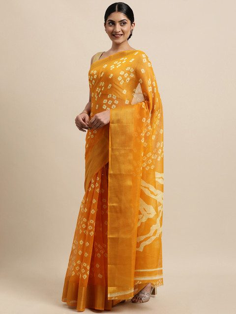 

KALINI Yellow Bandhani Zari Jute Cotton Bandhani Saree