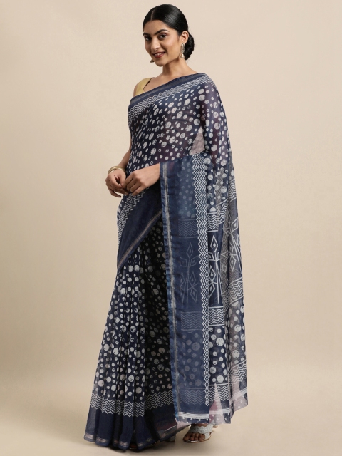 

KALINI Navy Blue & Off White Jute Cotton Uppada Saree