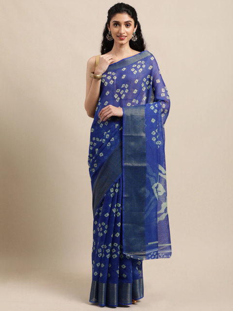 

KALINI Blue & White Bandhani Zari Jute Cotton Bandhani Saree