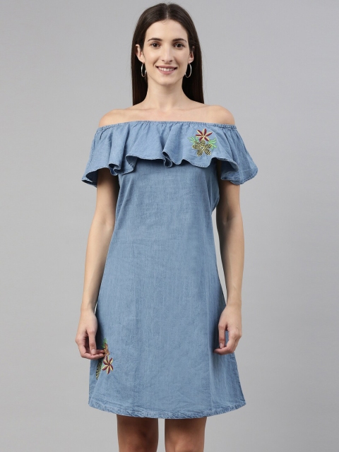 

Enviously Young Blue Off-Shoulder Denim A-Line Pure Cotton Dress