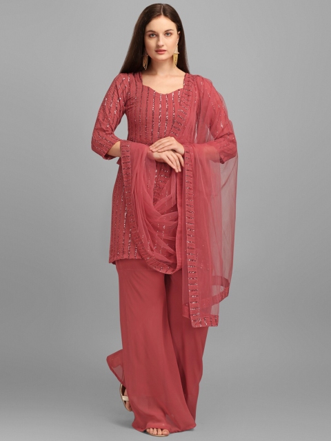 

JATRIQQ Rust Embellished Semi-Stitched Dress Material