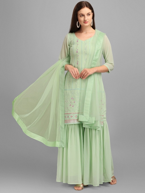 

JATRIQQ Lime Green & Pink Embroidered Semi-Stitched Dress Material