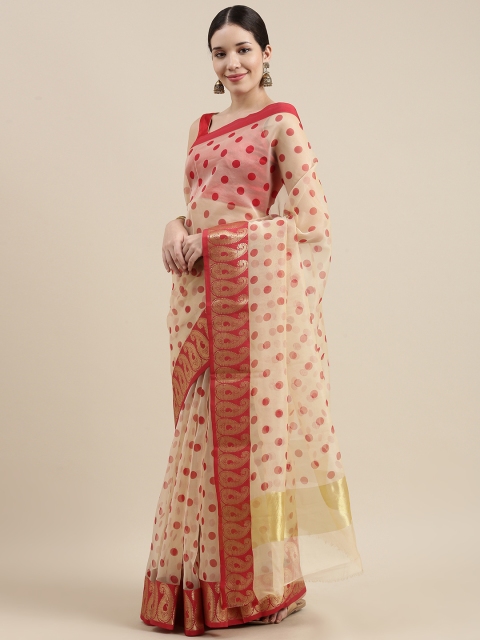

Pavechas Beige Floral Banarasi Saree