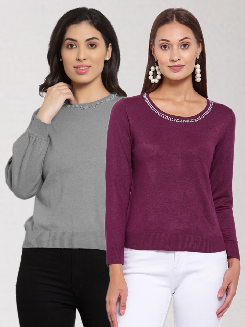 

KLOTTHE Women Pack Of 2 Grey & Purple Wool Pullover
