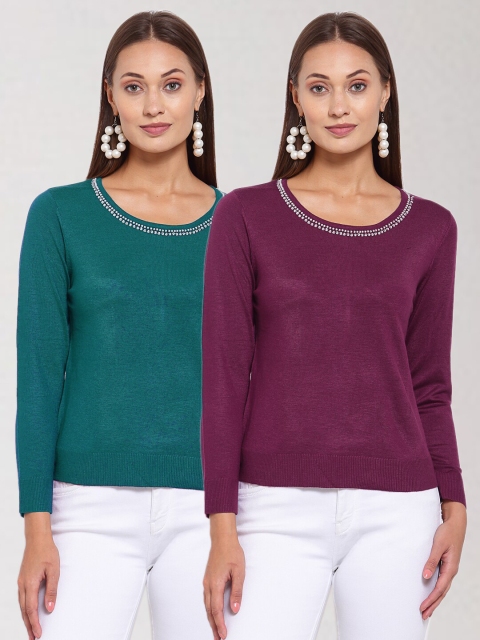 

KLOTTHE Set of 2 Women Green & Magenta Pullover