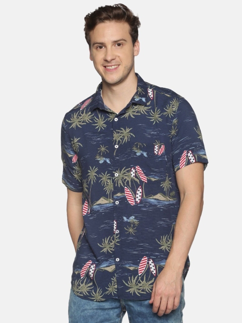 

Tusok Men Blue Opaque Printed Casual Shirt