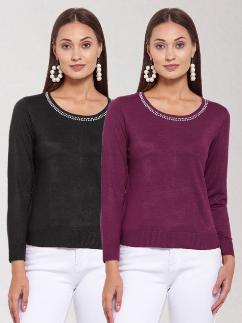 

KLOTTHE Women Pack Of 2 Black & Magenta Wool Pullover