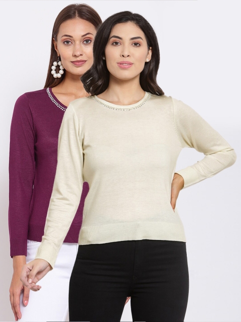 

KLOTTHE Women Purple & Cream-Coloured Solid Pack Of 2 Pullover