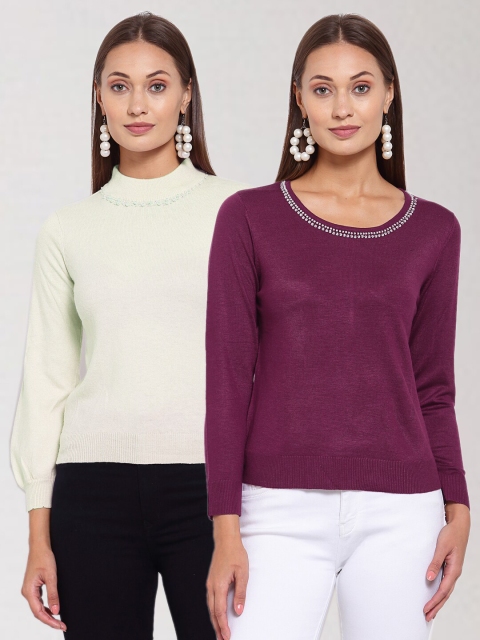 

KLOTTHE Women Pack Of 2 Off White & Purple Wool Pullover