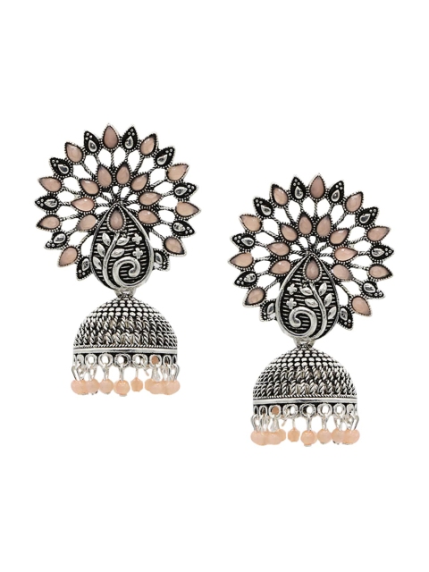 

ASMITTA JEWELLERY Beige & Oxidised Silver-Plated Dome Shaped Jhumkas Earrings