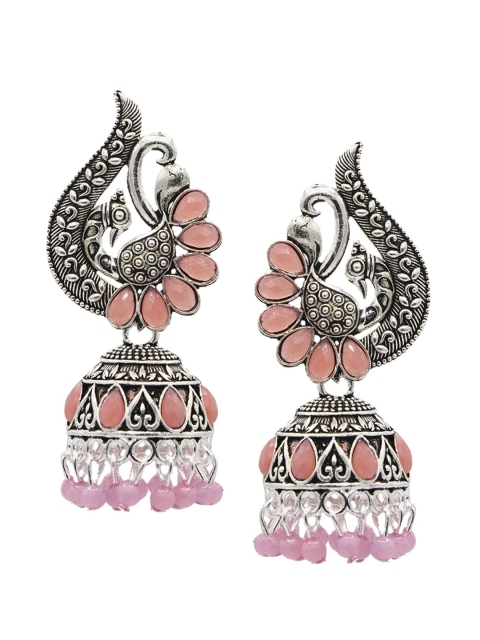 

ASMITTA JEWELLERY Peach-Coloured & Silver-Toned Dome Shaped Jhumkas Earrings