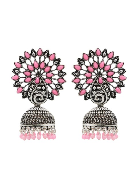 

ASMITTA JEWELLERY Pink & Silver-Toned Dome Shaped Jhumkas Earrings