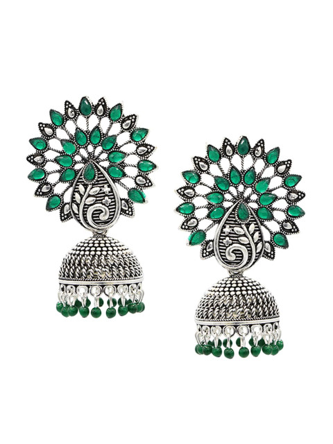 

ASMITTA JEWELLERY Silver-Plated & Green Oxidised Dome Shaped Jhumkas