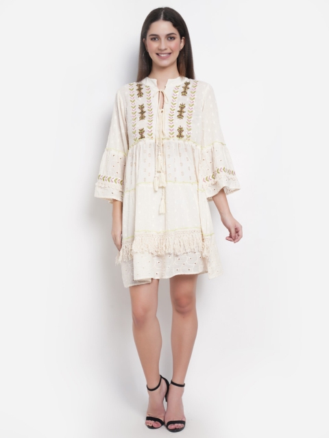 

IX IMPRESSION Off White Floral Embroidered Gathered Pom Pom A-Line Dress