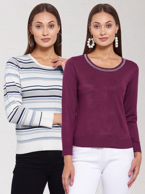 

KLOTTHE Set of 2 Women Purple & White Striped Pullover