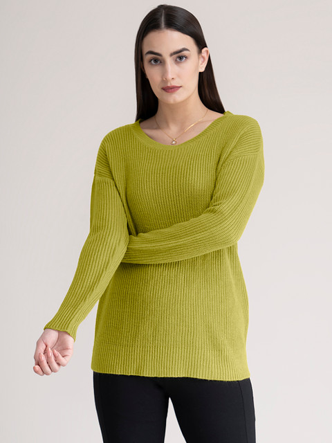 

FableStreet Women Lime Green Ribbed Pullover Drop-Shoulder Knit Pullover Sweater