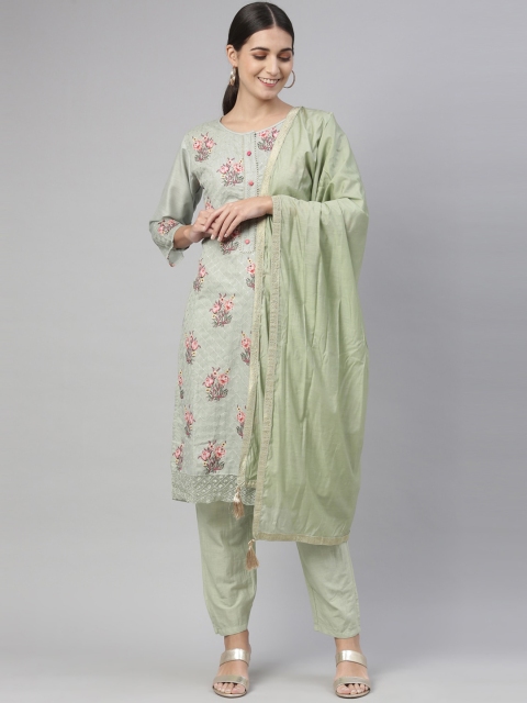 

Neerus Women Olive Green Floral Printed Chanderi Cotton Kurta with Salwar & Dupatta