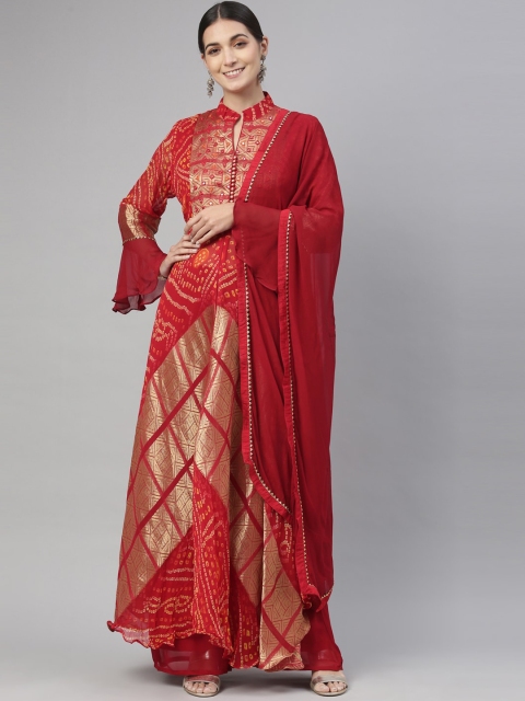 

Neerus Women Red Bandhani Printed Kurta with Palazzos & With Dupatta