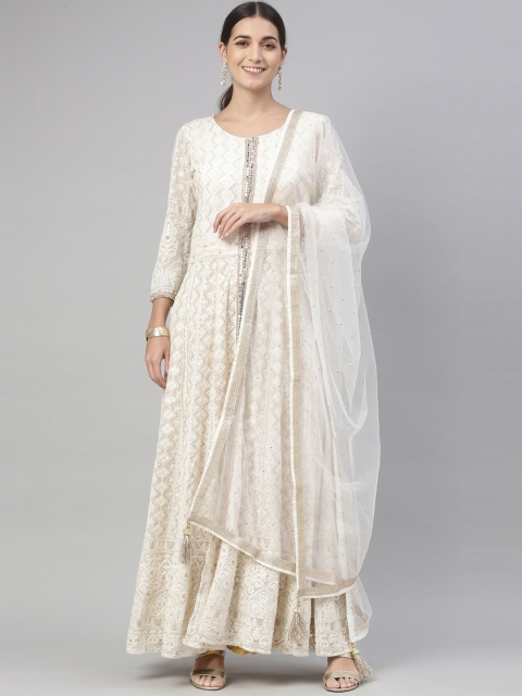 

Neerus Women Off White Ethnic Motifs Embroidered Kurta with Palazzos & Dupatts