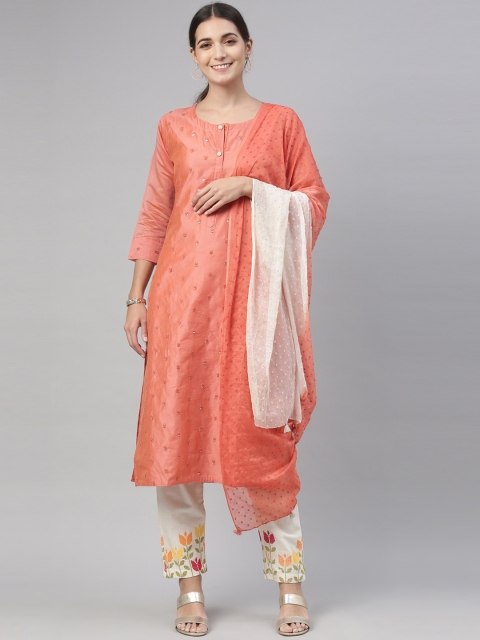

Neerus Women Peach & White Thread Work Chanderi Cotton Kurta With Trousers & Dupatta