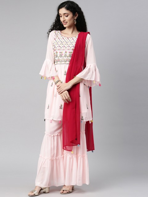 

Neerus Women Pink Ethnic Motifs Embroidered Pleated Silk Georgette Kurta with Sharara & With Dupatta