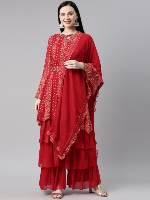 

Neerus Women Red Bandhani Printed Layered Silk Georgette Kurti with Sharara & With Dupatta