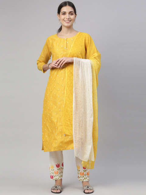 

Neerus Women Mustard Yellow Floral Regular Chanderi Cotton Kurti with Trousers & Dupatta