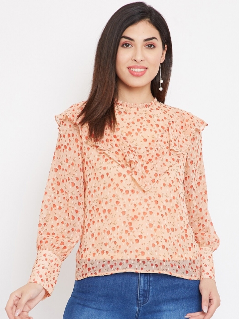 

Madame Peach-Coloured & Red Floral Ruffles Regular Top
