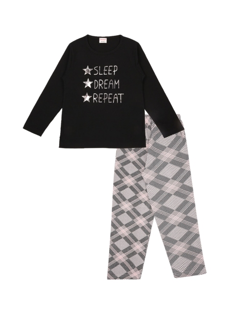 

RAINE AND JAINE Girls Black & Grey Printed Pure Cotton 2 Pc Night Suit