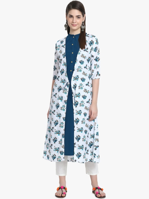 

ALC Creations Women Teal Blue & White Floral Printed Gotta Patti Crepe Kurta