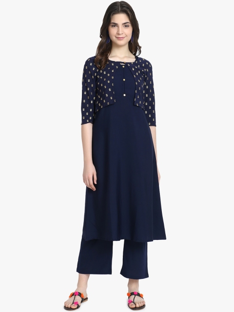 

ALC Creations Women Navy Blue & Beige Geometric Crepe Kurta