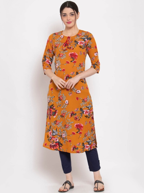 

ALC Creations Women Yellow & Pink Floral Printed Keyhole Neck Crepe Kurta
