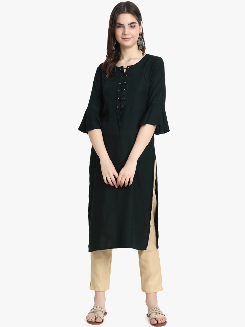 

ALC Creations Women Green Keyhole Neck Bell Sleeves Thread Work Kurta