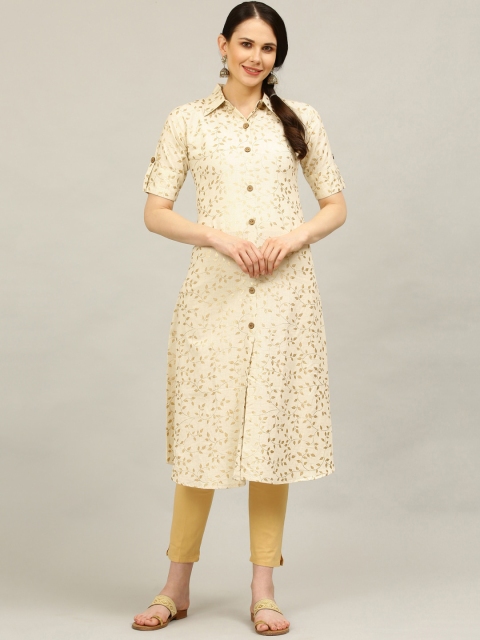 

ALC Creations Women Beige & Gold-Coloured Floral Printed Pure Cotton Kurta