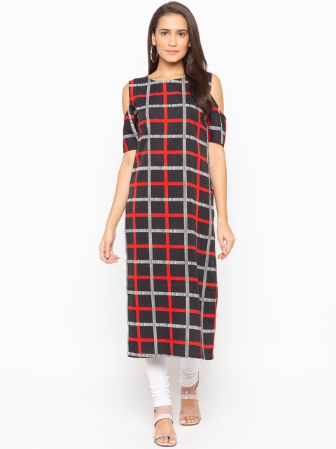 

ALC Creations Women Black & Red Checked Straight Crepe Kurta