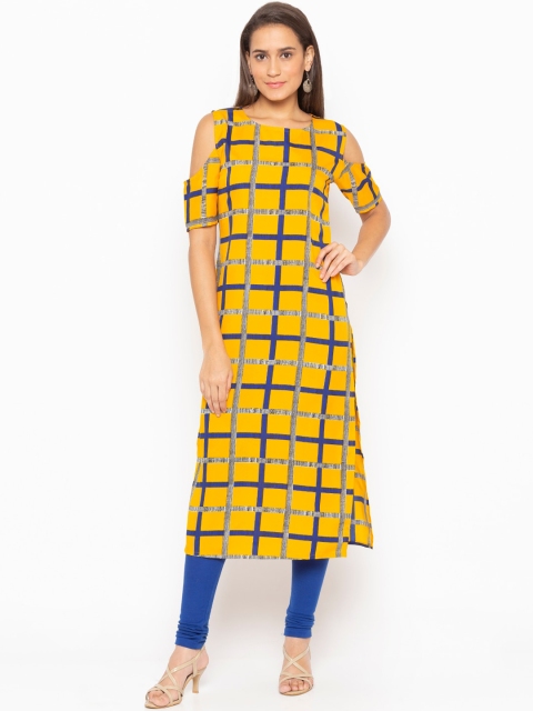 

ALC Creations Women Yellow Checked Cold-Shoulder Sleeves Thread Work Crepe Kurta