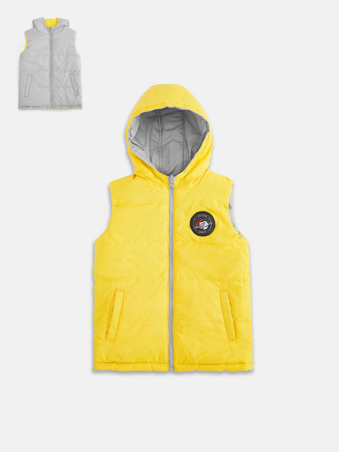 

Pantaloons Junior Boys Grey & Yellow Reversible Hooded Padded Jacket