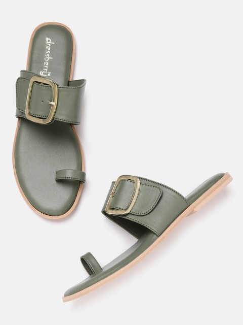 

DressBerry Women Olive Green One Toe Flats with Buckles