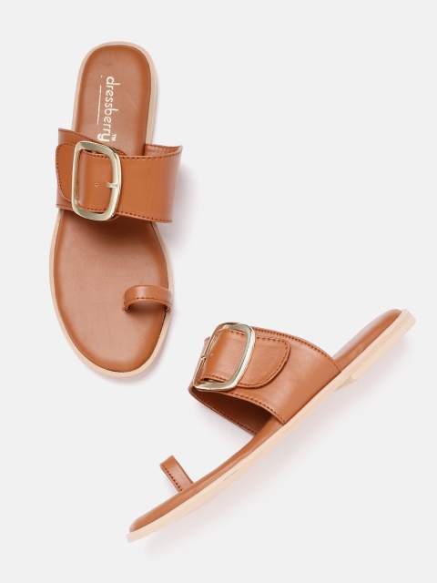 

DressBerry Women Tan Brown One Toe Flats with Buckles