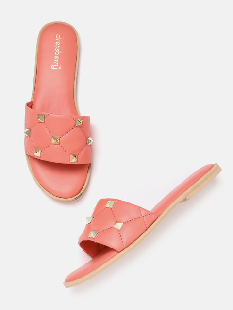 

DressBerry Women Coral Pink Quilted Open Toe Flats