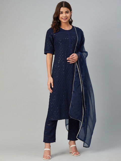 

Hatheli Women Navy Blue Ethnic Motifs Embroidered Layered Sequinned Kurta with Trousers & With Dupatta