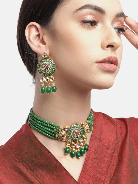

Anouk Green & Gold-Toned Stone Studded & Beaded Enamelled Jewellery Set