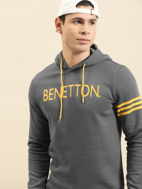 

United Colors of Benetton Men Grey Printed Hooded Sweatshirt