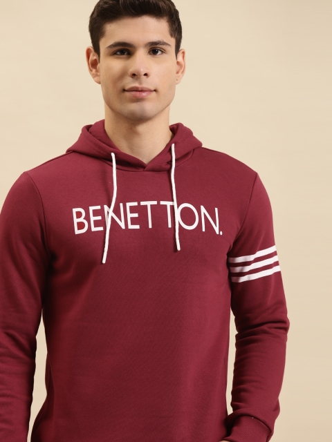 

United Colors of Benetton Men Maroon & White Brand Logo Print Hooded Sweatshirt