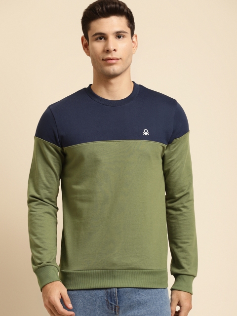 

United Colors of Benetton Men Navy Blue & Olive Green Colourblocked Sweatshirt