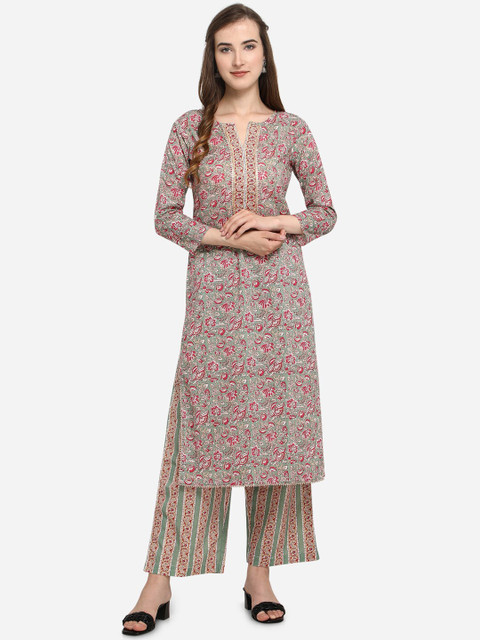 

Mesmora Women Green & Pink Floral Printed Gotta Patti Pure Cotton Kurta With Palazzos